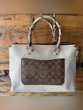 Coach Emma Satchel F34280 White Pebbled Leather Crossbody Purse Signature Pocket